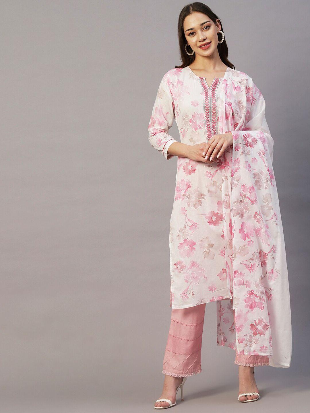 fashor white & pink floral printed thread pure cotton kurta with dupatta