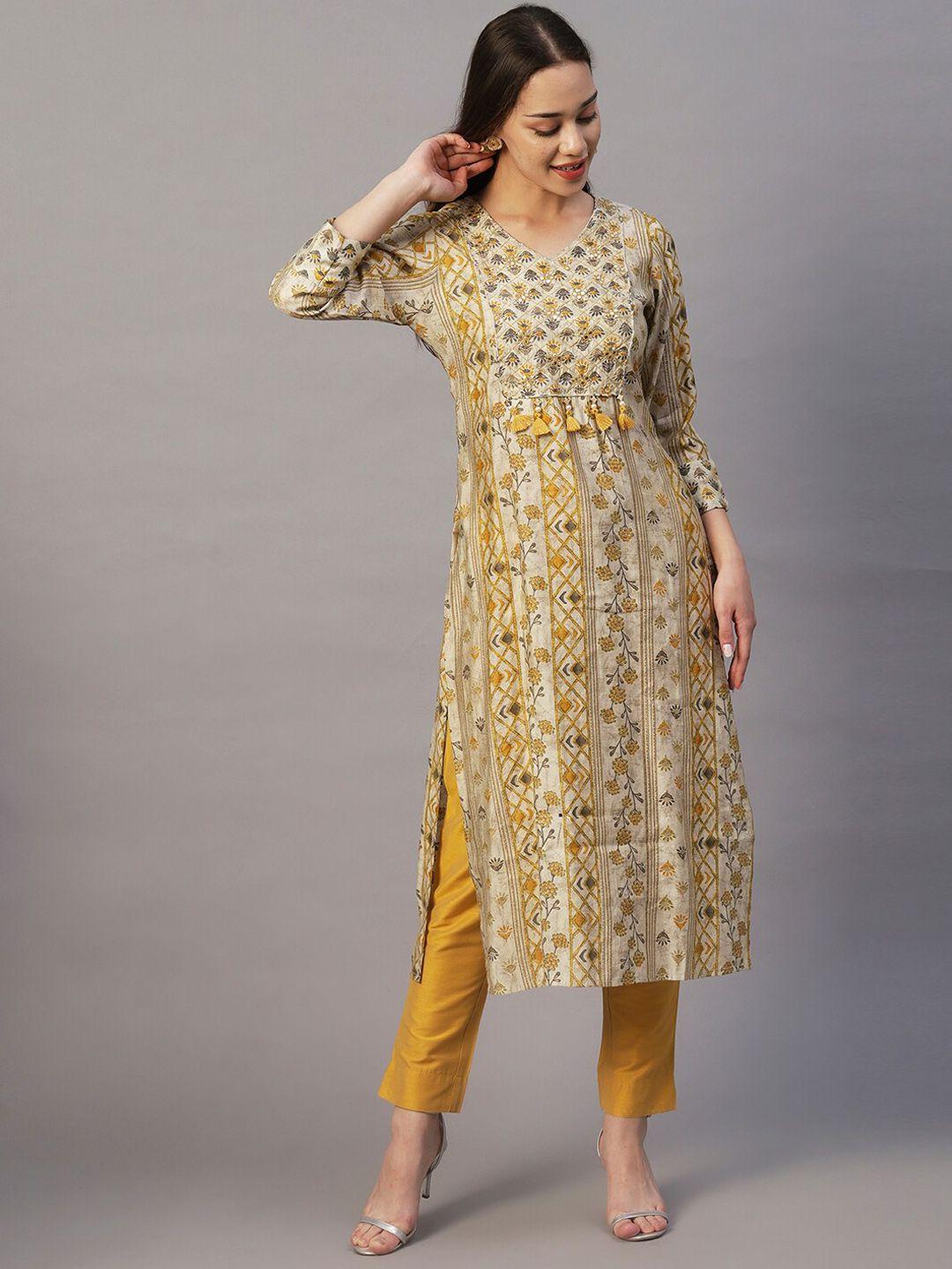 fashor beige & yellow ethnic motifs printed mirror work kurta