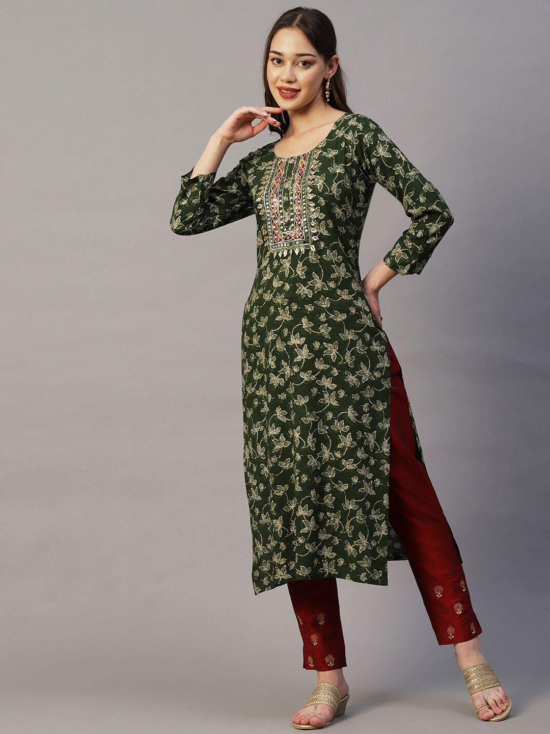 fashor green & beige floral printed mirror work straight kurta