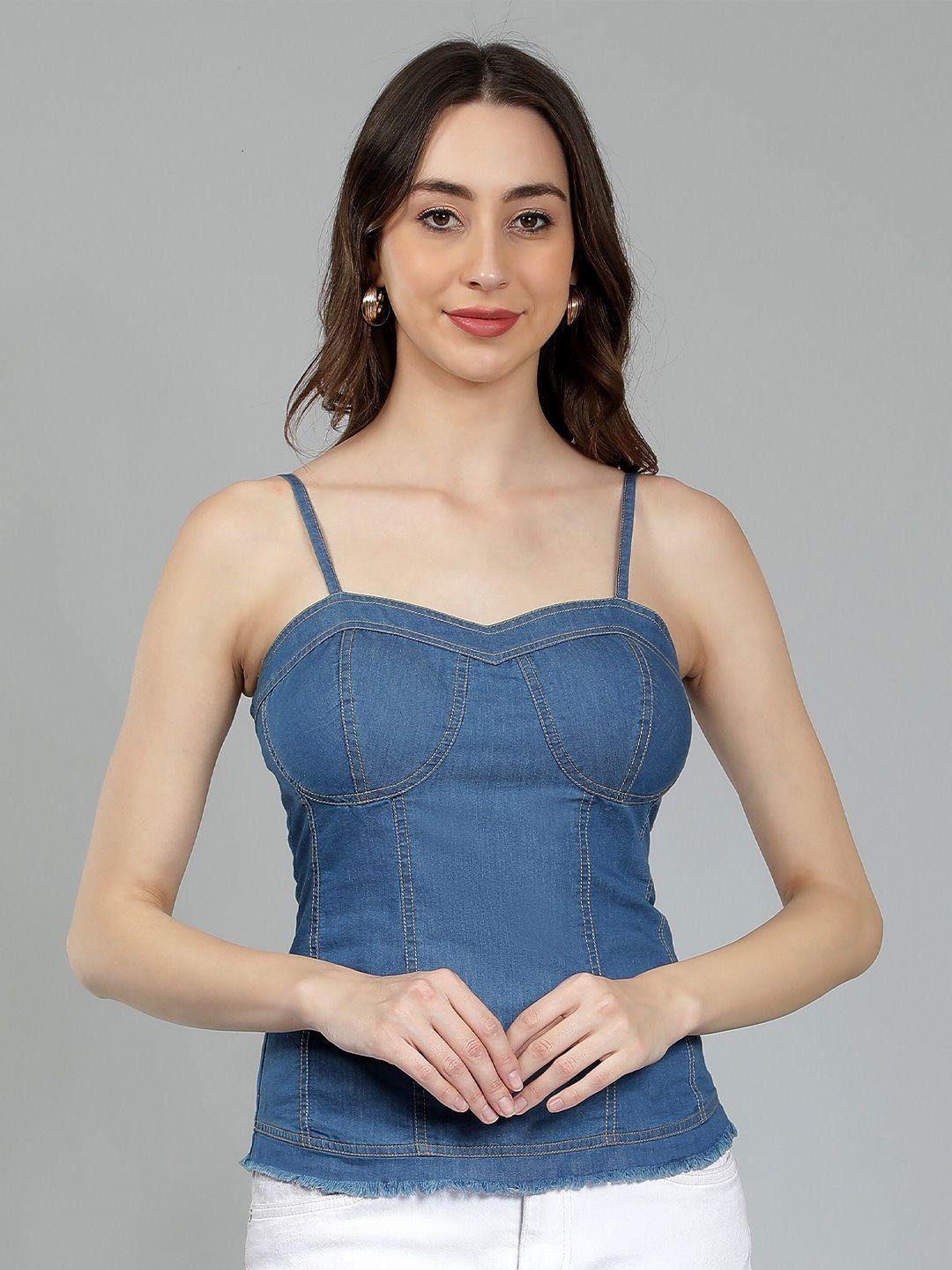 nuevosdamas shoulder strap denim fitted casual top