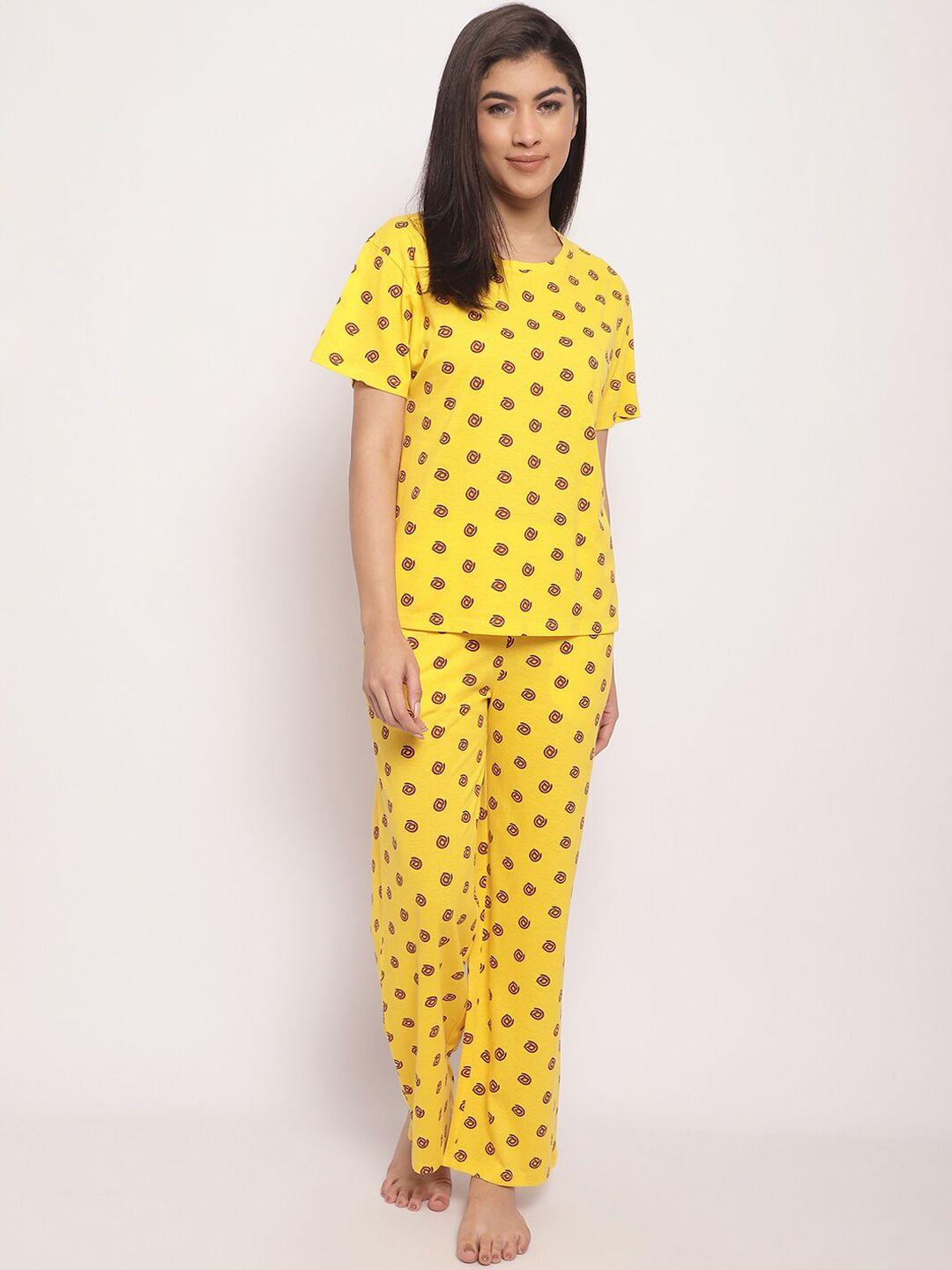 kanvin yellow & pink conversational printed pure cotton night suit