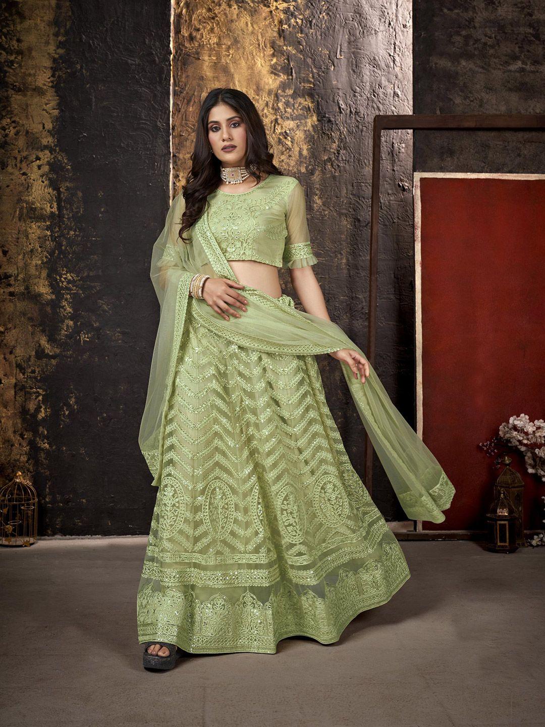 all about you green embroidered sequinned semi-stitched lehenga & unstitched blouse with dupatta