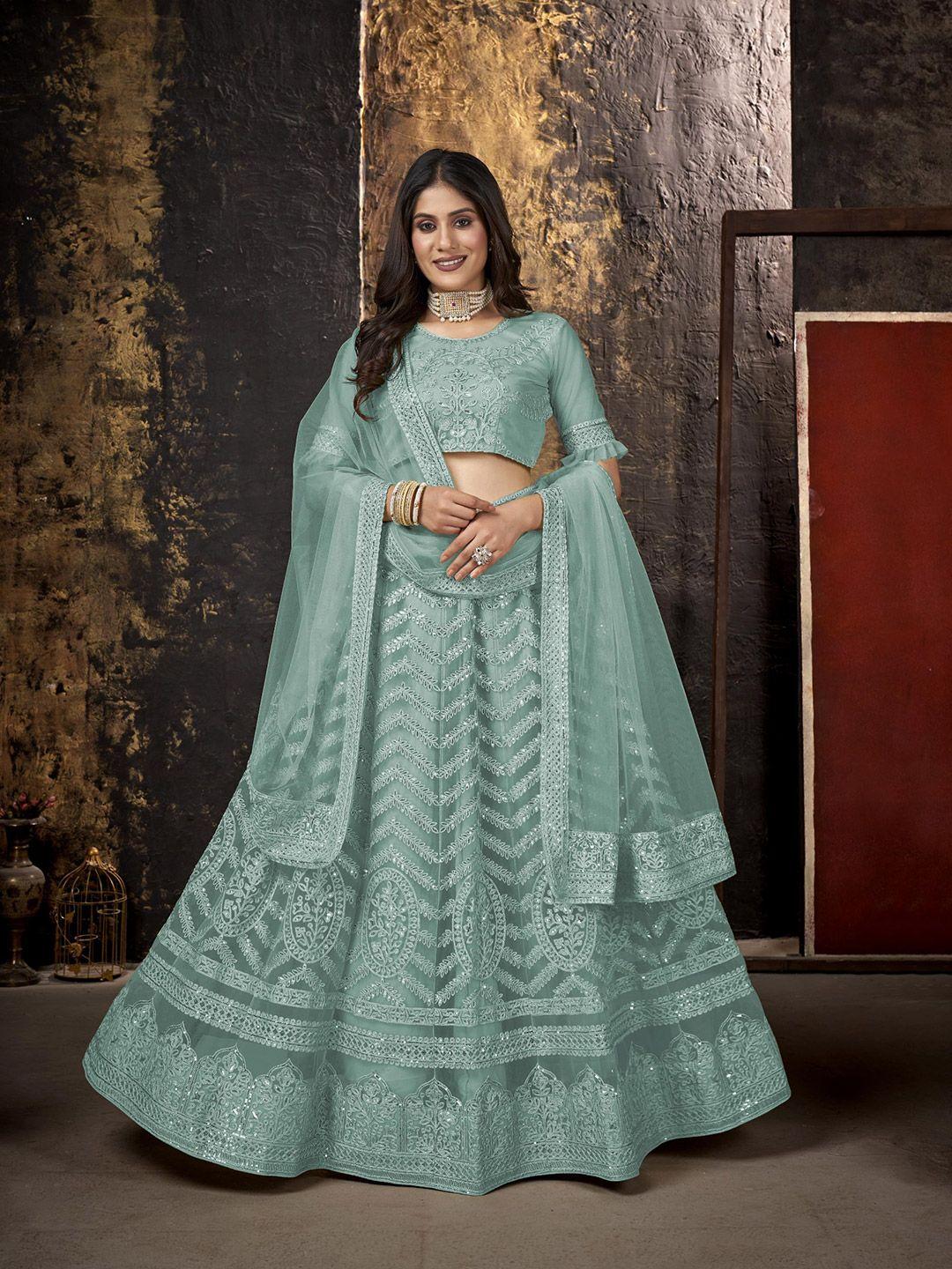 all about you blue embroidered sequinned semi-stitched lehenga & unstitched blouse with dupatta