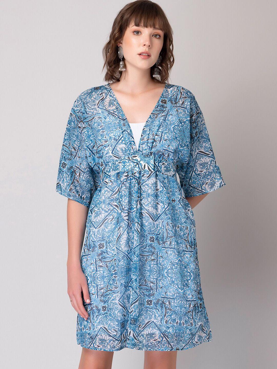 faballey blue floral printed flared sleeve chiffon a-line dress