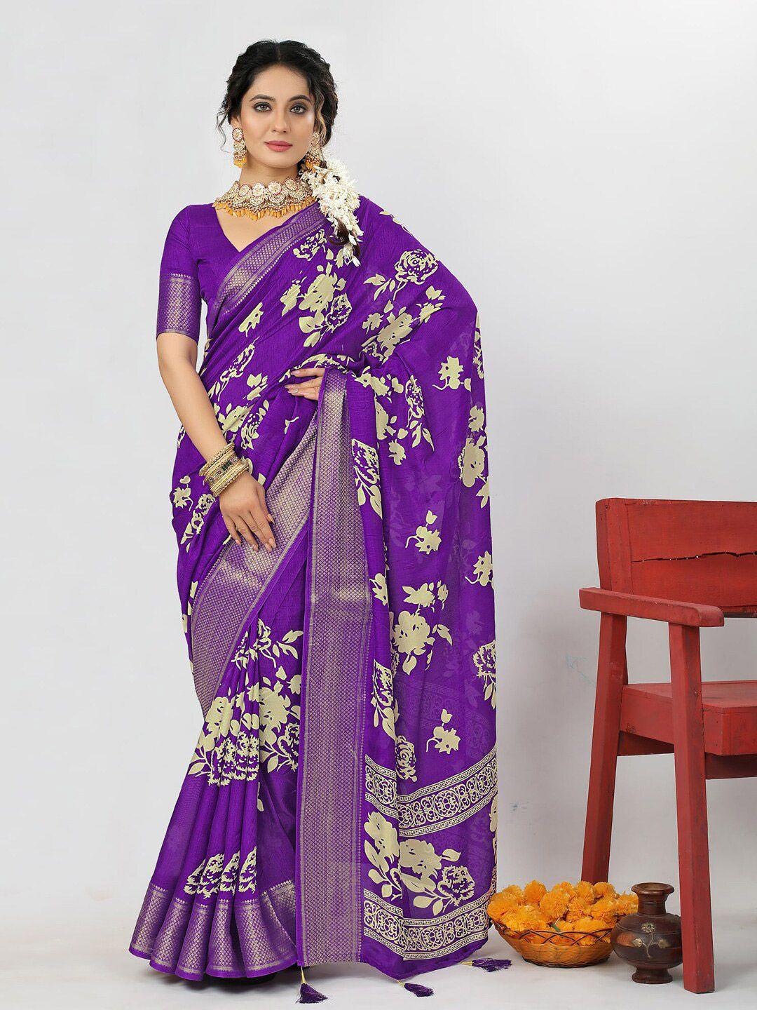 anouk purple & beige floral printed zari saree