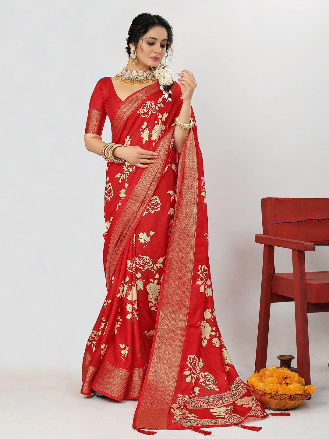 anouk red & beige floral printed zari saree