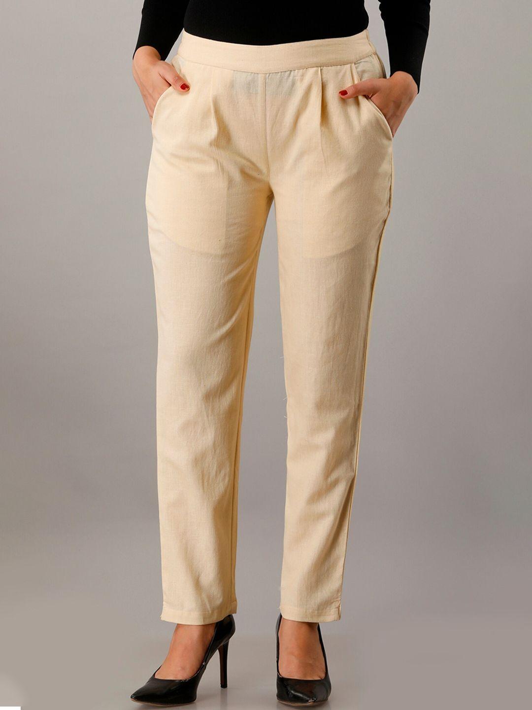 here&now women cream mid rise easy wash cropped cotton straight fit trousers