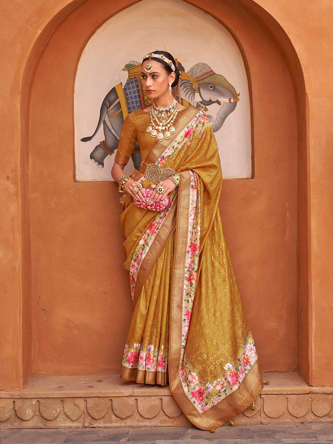 anouk mustard yellow & pink floral printed zari saree