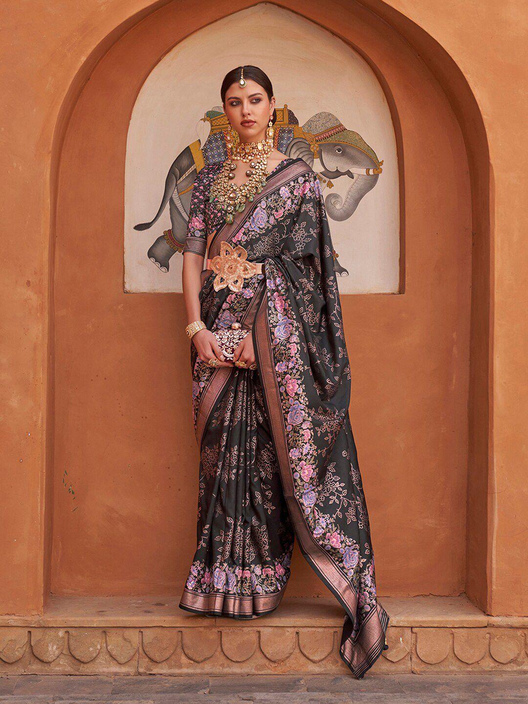 anouk black & pink floral printed zari saree