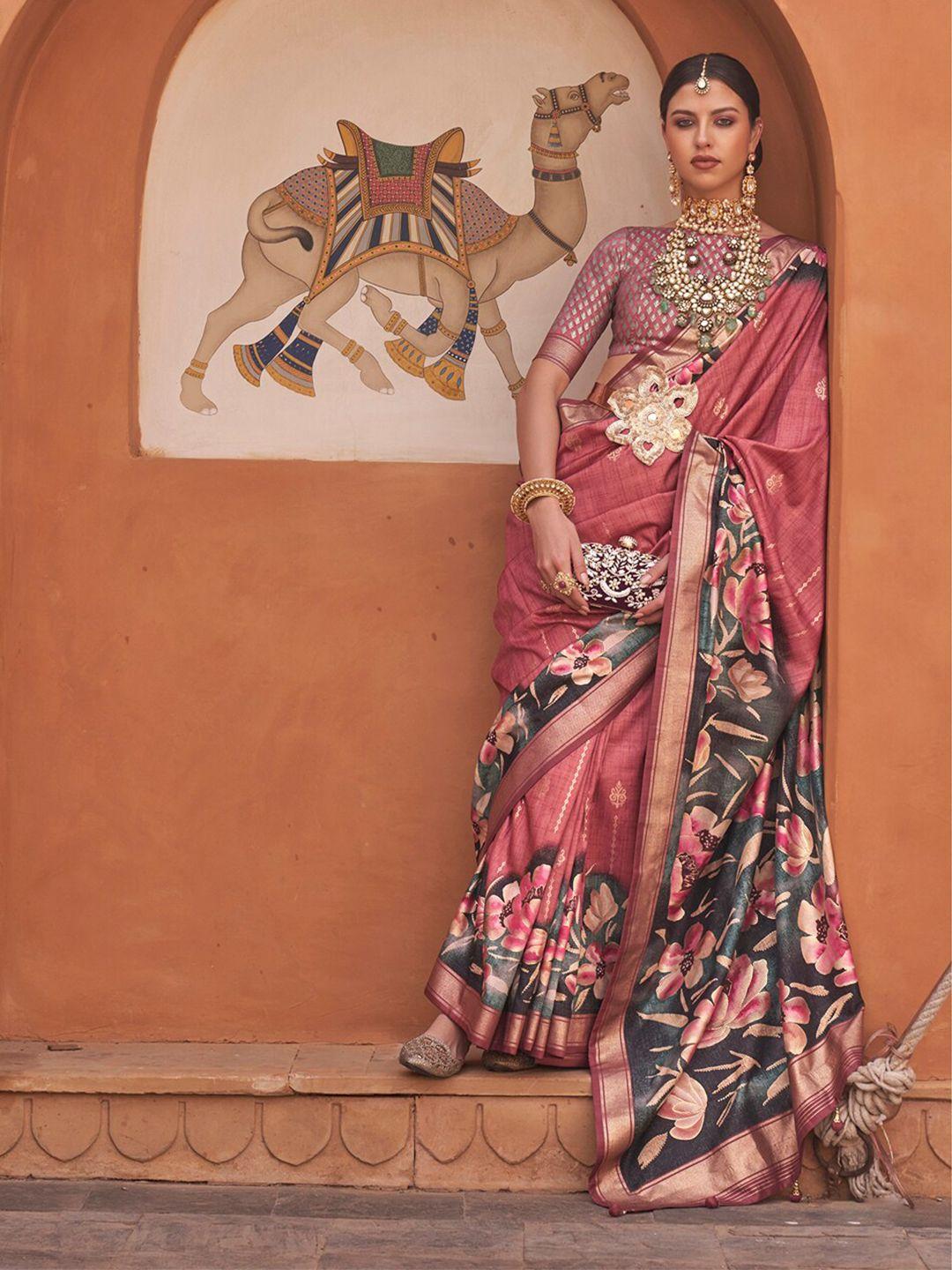 anouk rust & black floral printed zari saree