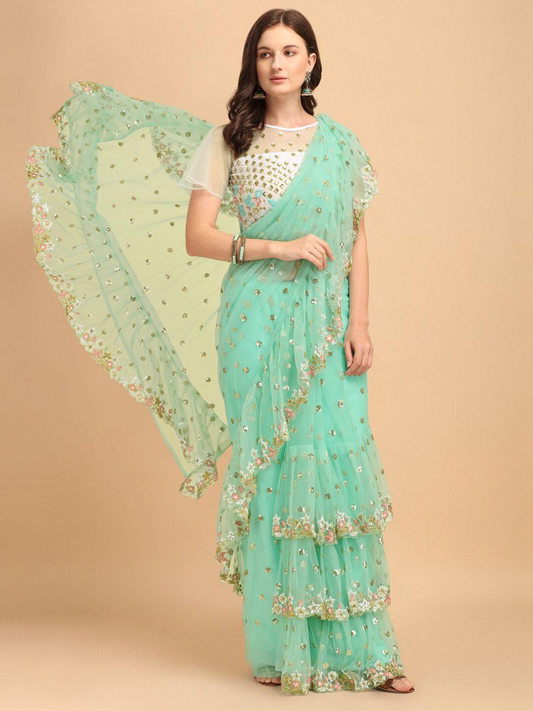 jatriqq embellished sequinned net ruffle saree