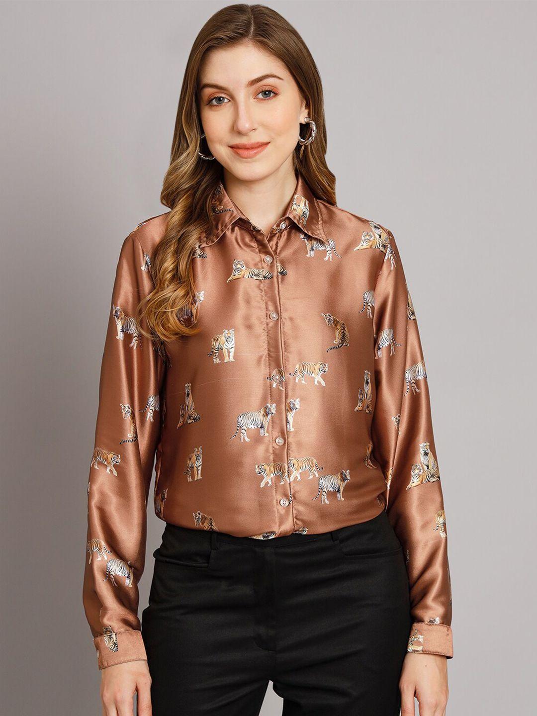 funday fashion conversational printed spread collar satin shirt