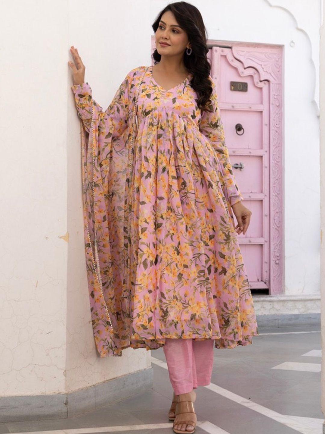 onewe floral printed pleated anarkali kurta with trousers & dupatta