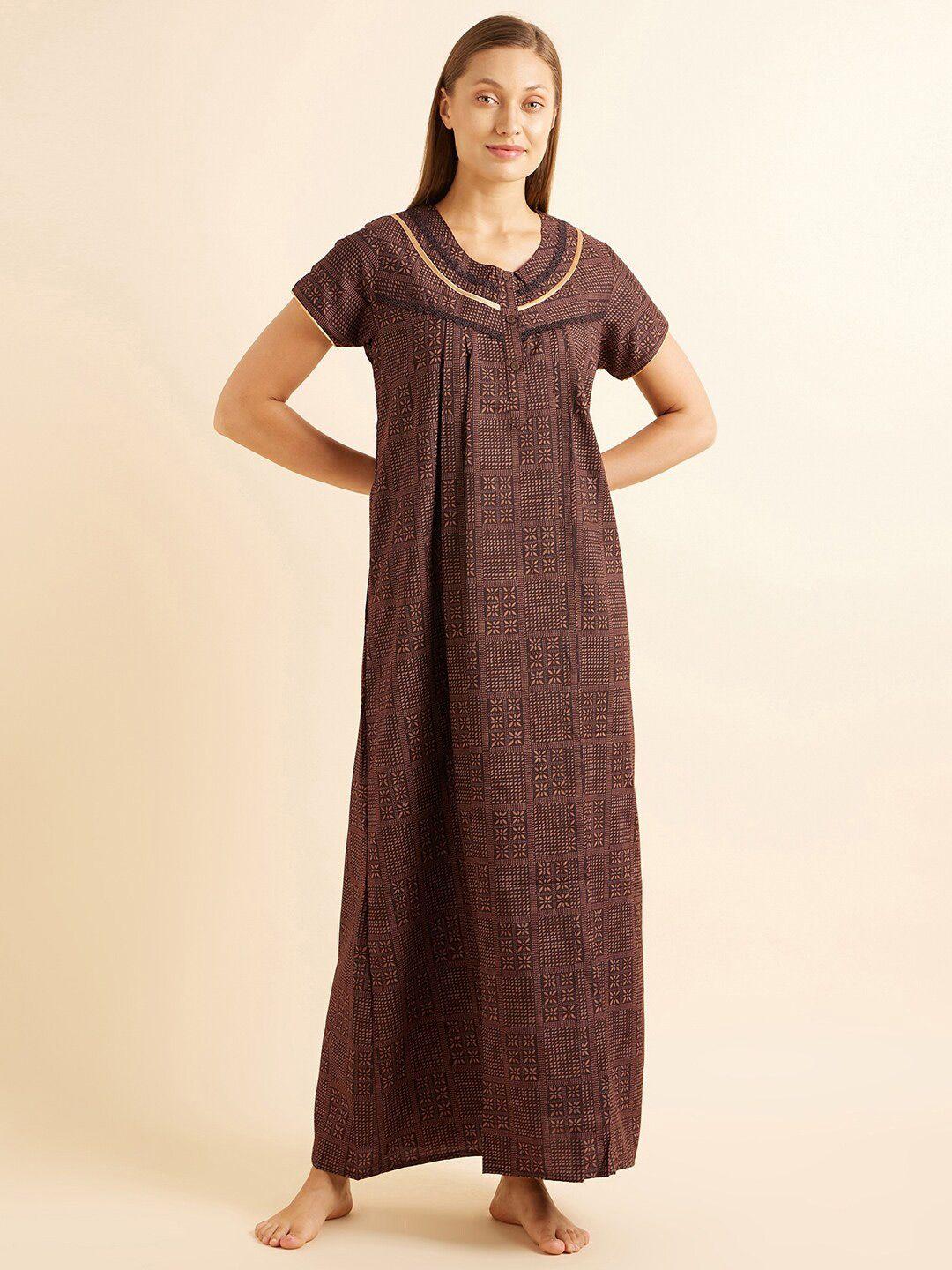 sweet dreams brown & beige ethnic motifs printed maxi nightdress