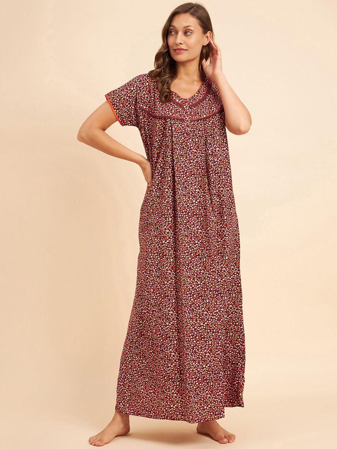 sweet dreams maroon & beige floral printed maxi nightdress