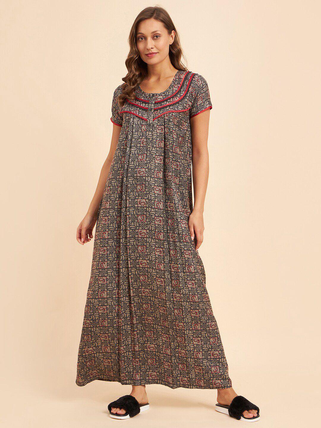 sweet dreams green & red ethnic motifs printed maxi nightdress