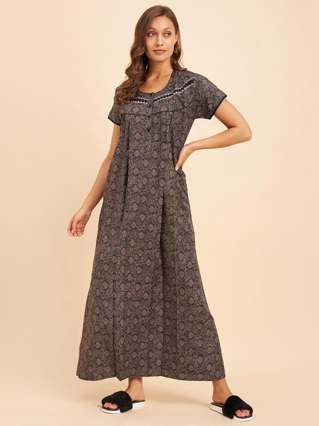 sweet dreams grey & black ethnic motifs printed maxi nightdress