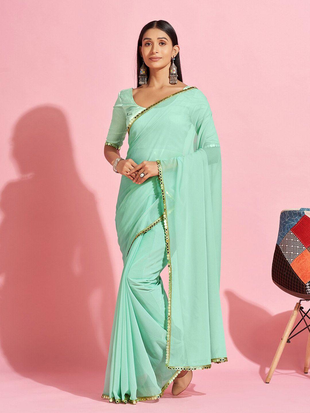 mitera sea green & gold-toned mirror worked pure georgette saree