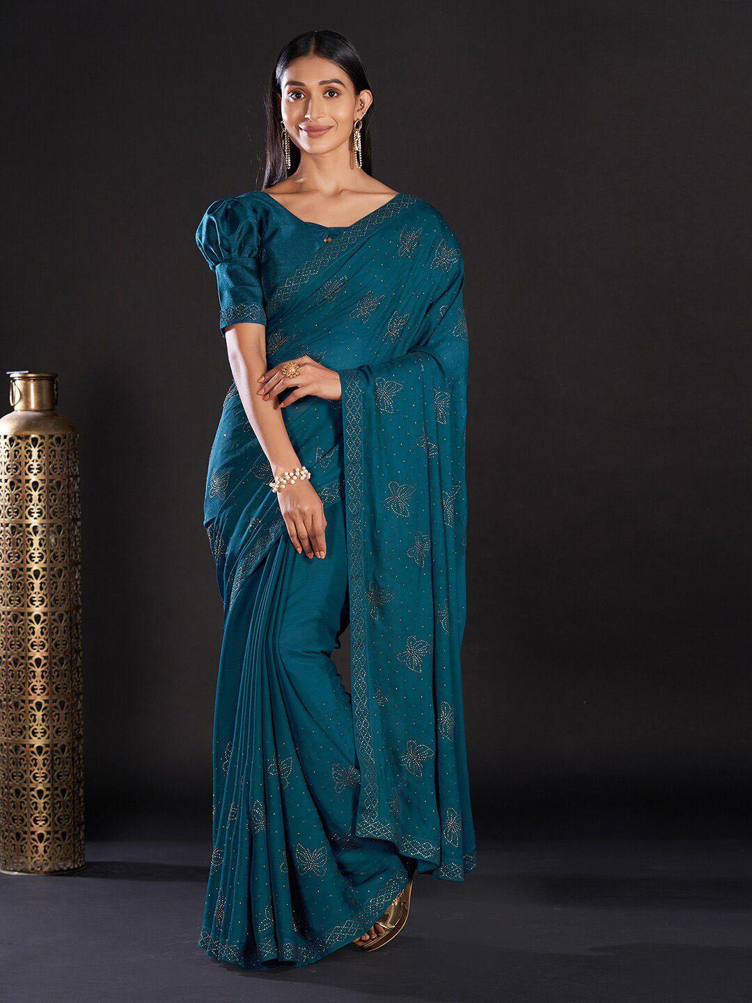 mitera teal & gold-toned embellished satin saree