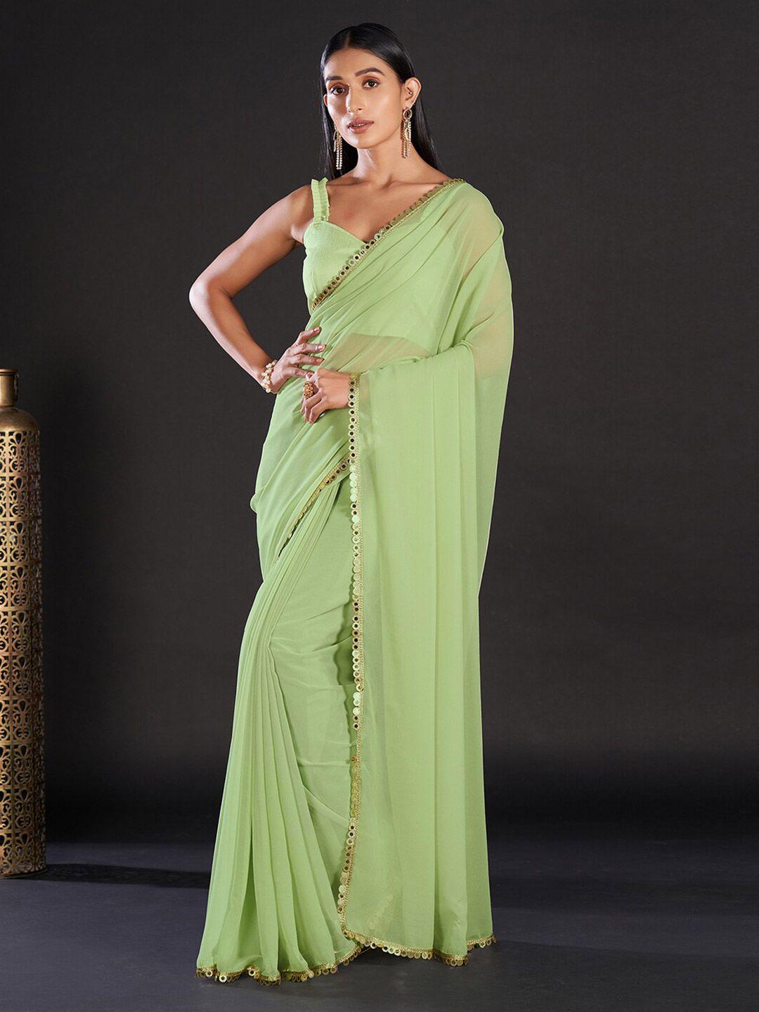 mitera green & gold-toned mirror worked pure georgette saree