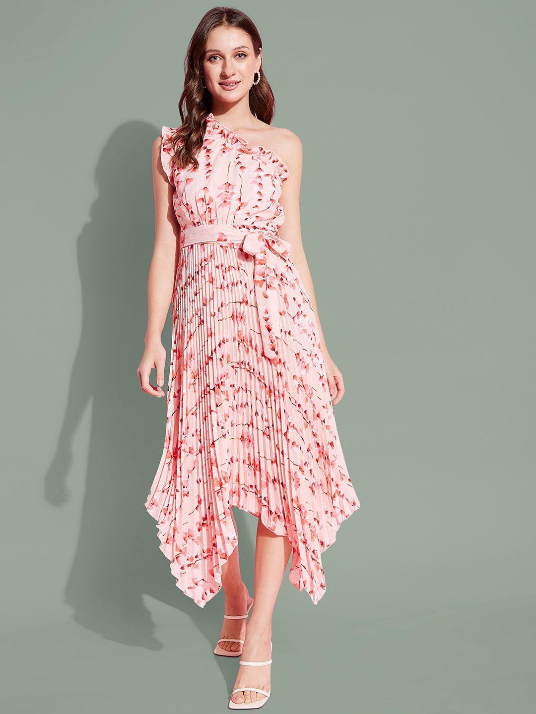 kassually pink print georgette fit & flare midi dress