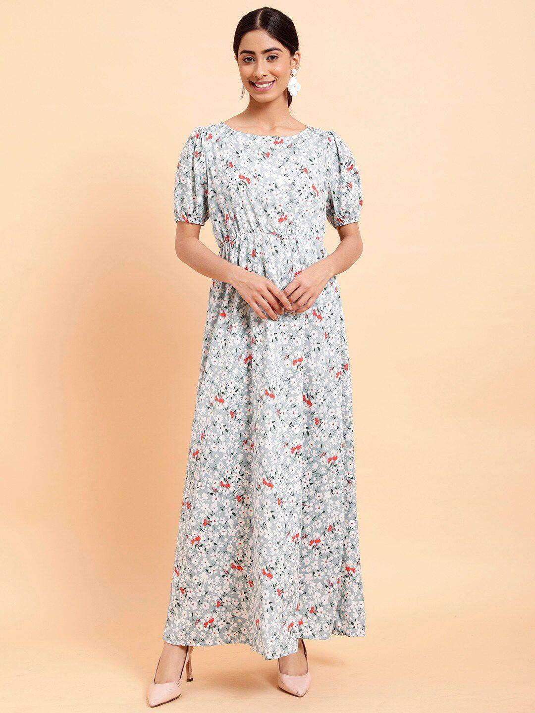 mint street puff sleeves floral print crepe blouson dress