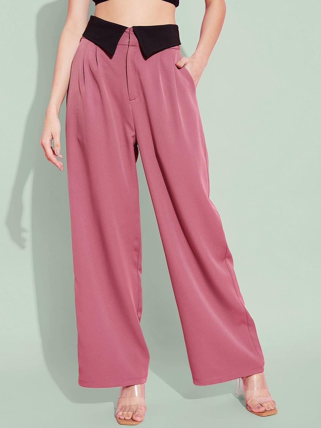 kassually women pink straight fit pleated parallel trousers