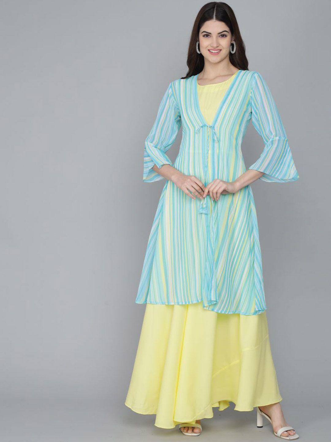 rudraaksha creations striped crepe maxi dress with shrug