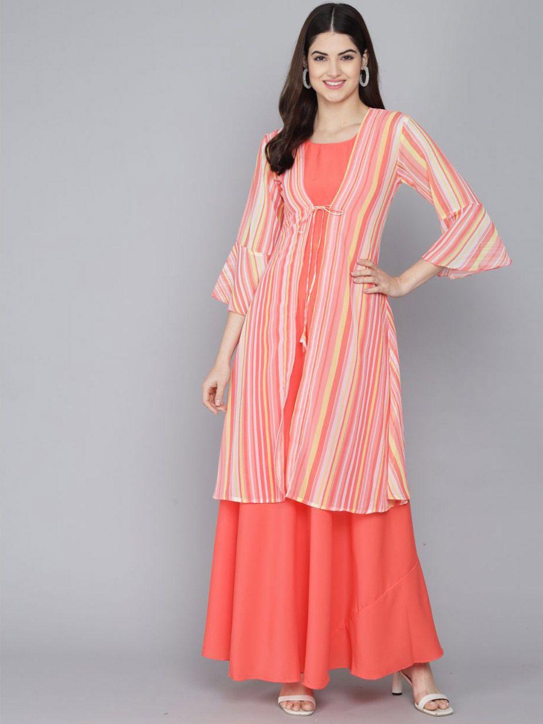 rudraaksha creations striped crepe maxi dress with shrug