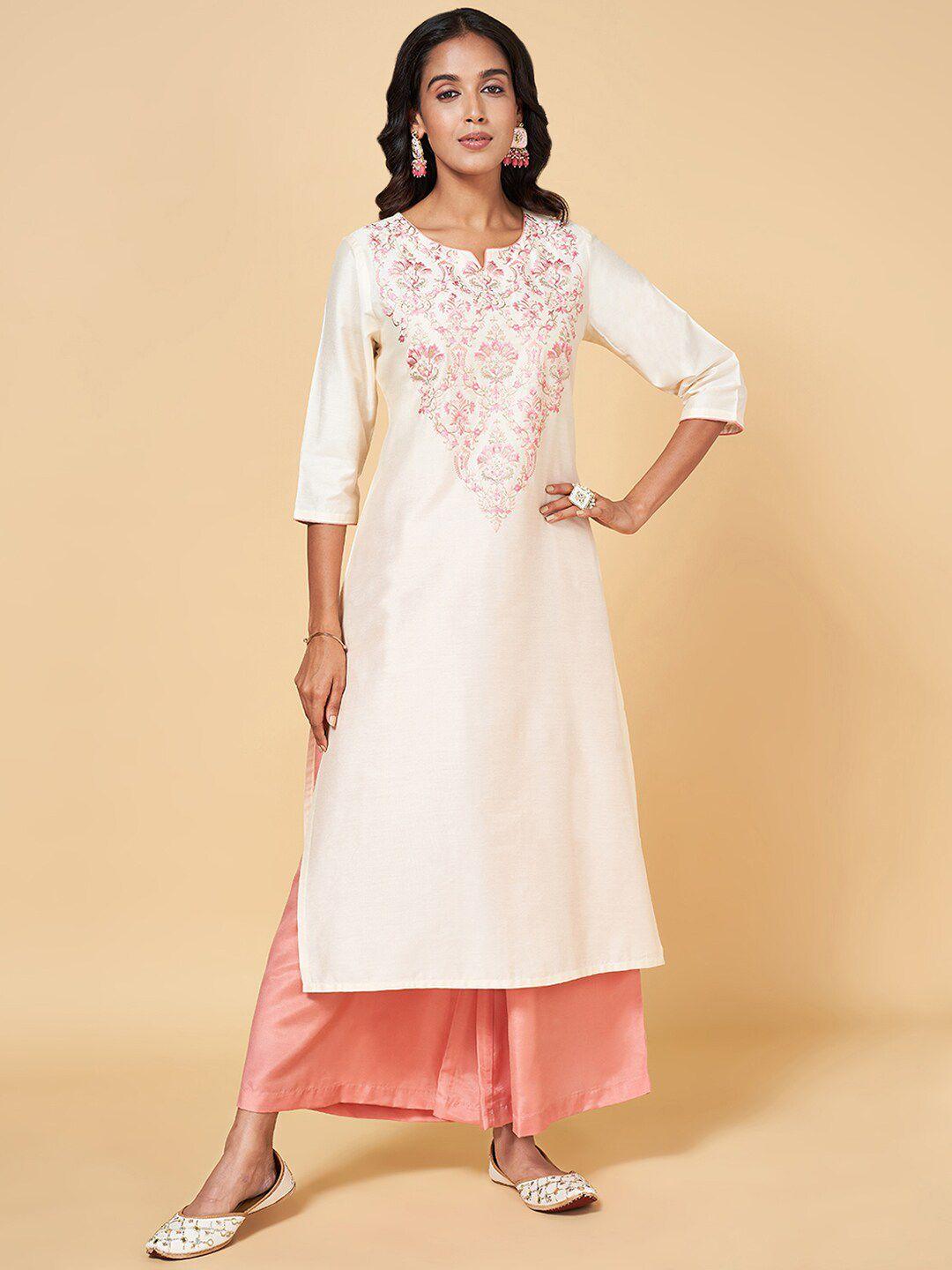 rangmanch by pantaloons notched neck floral embroidered straight kurta