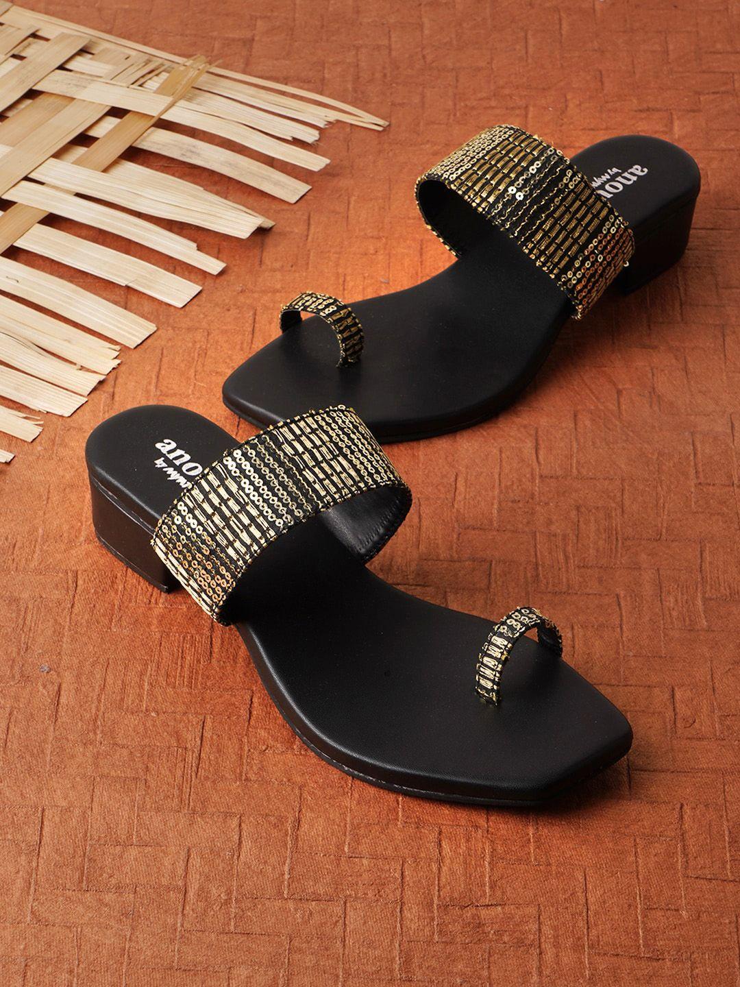 anouk black and gold-toned embellished one toe block heels