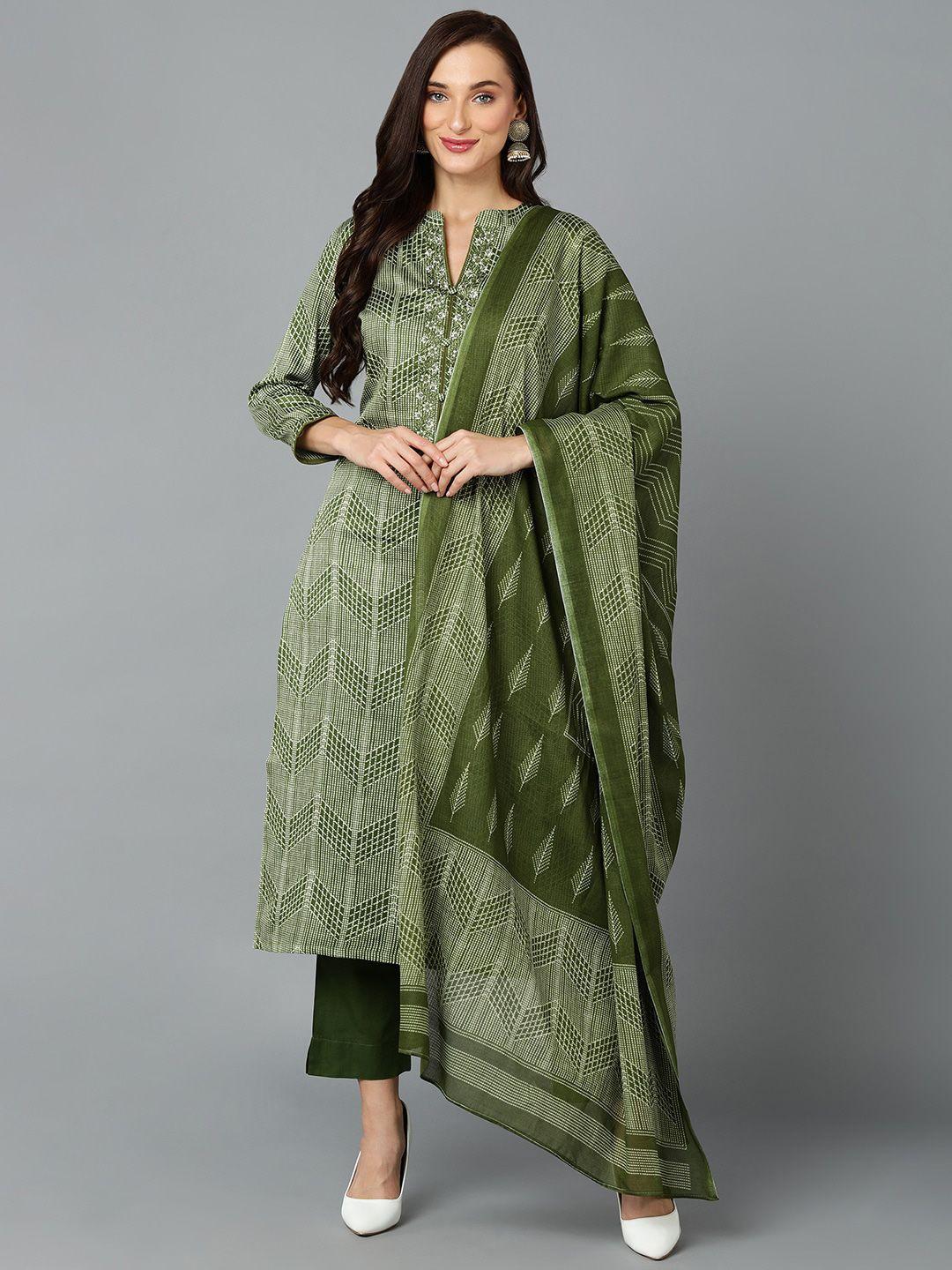 ahika green & off white chevron printed thread work kurta with trousers & dupatta