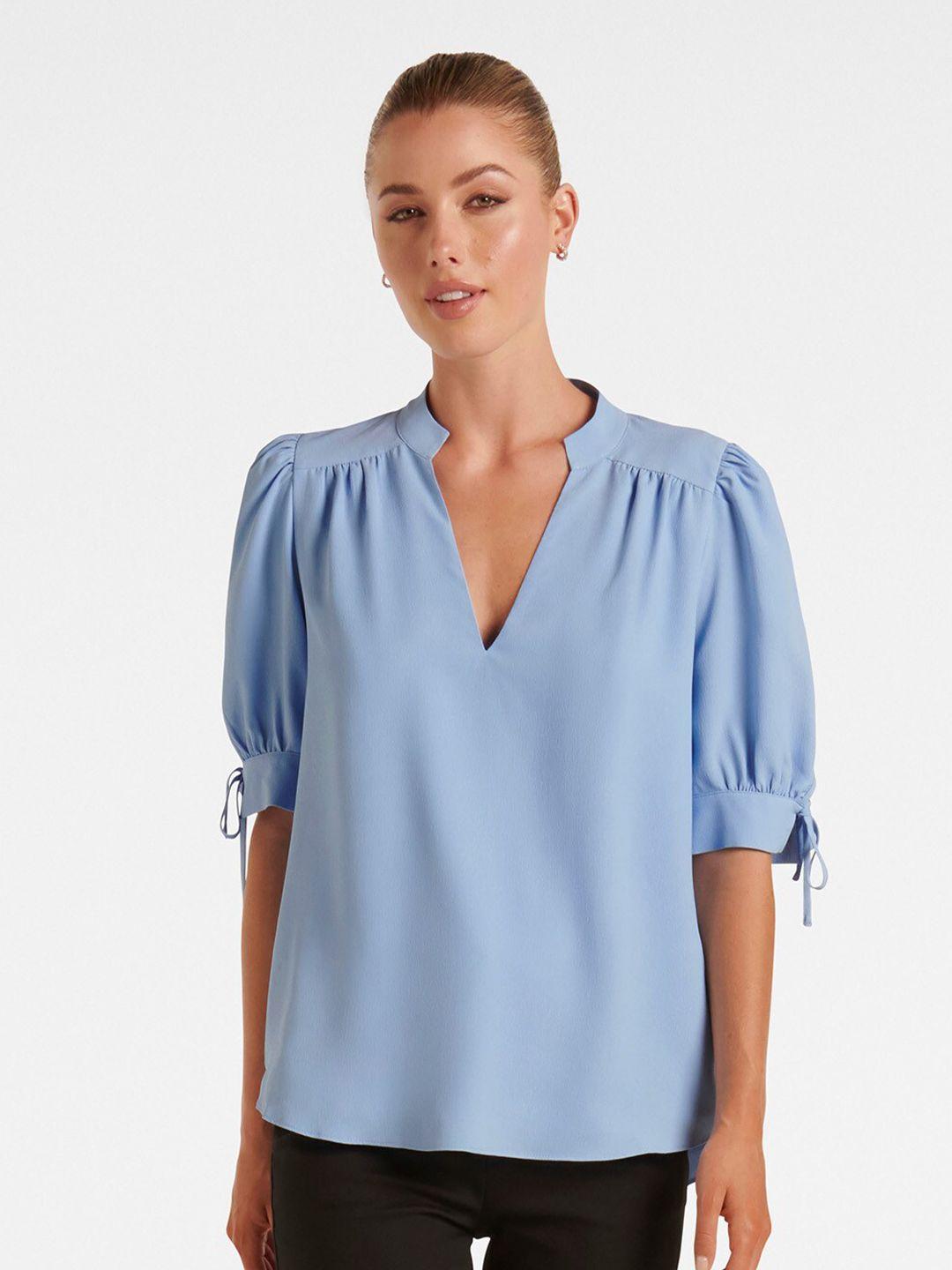 forever new blue mandarin collar puff sleeve top