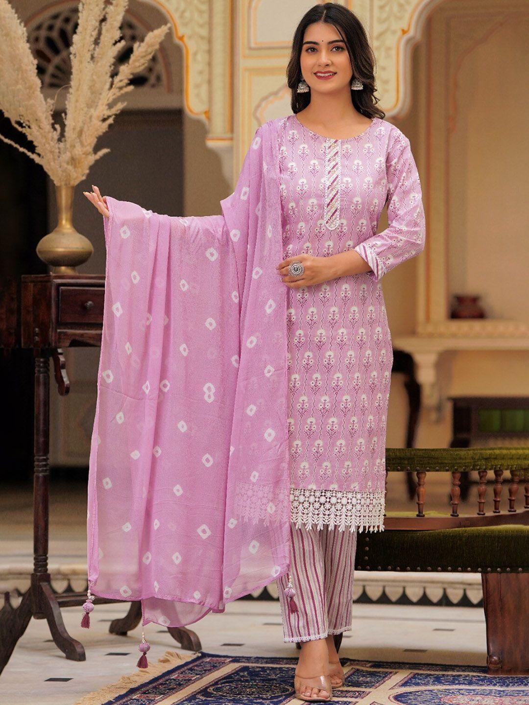 hatheli ethnic motifs printed bead work pure cotton kurta with trousers & dupatta