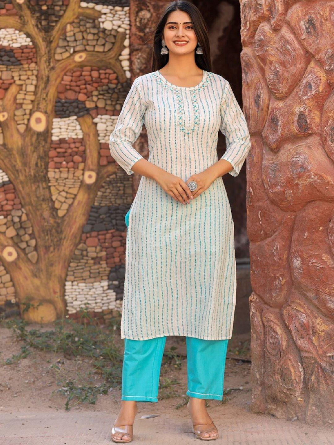 hatheli striped bead work pure cotton kurta with trousers & dupatta