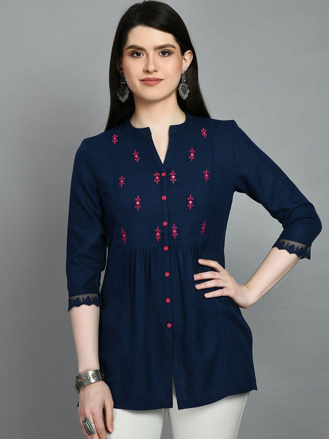 meesan mandarin collar embroidered cotton kurti