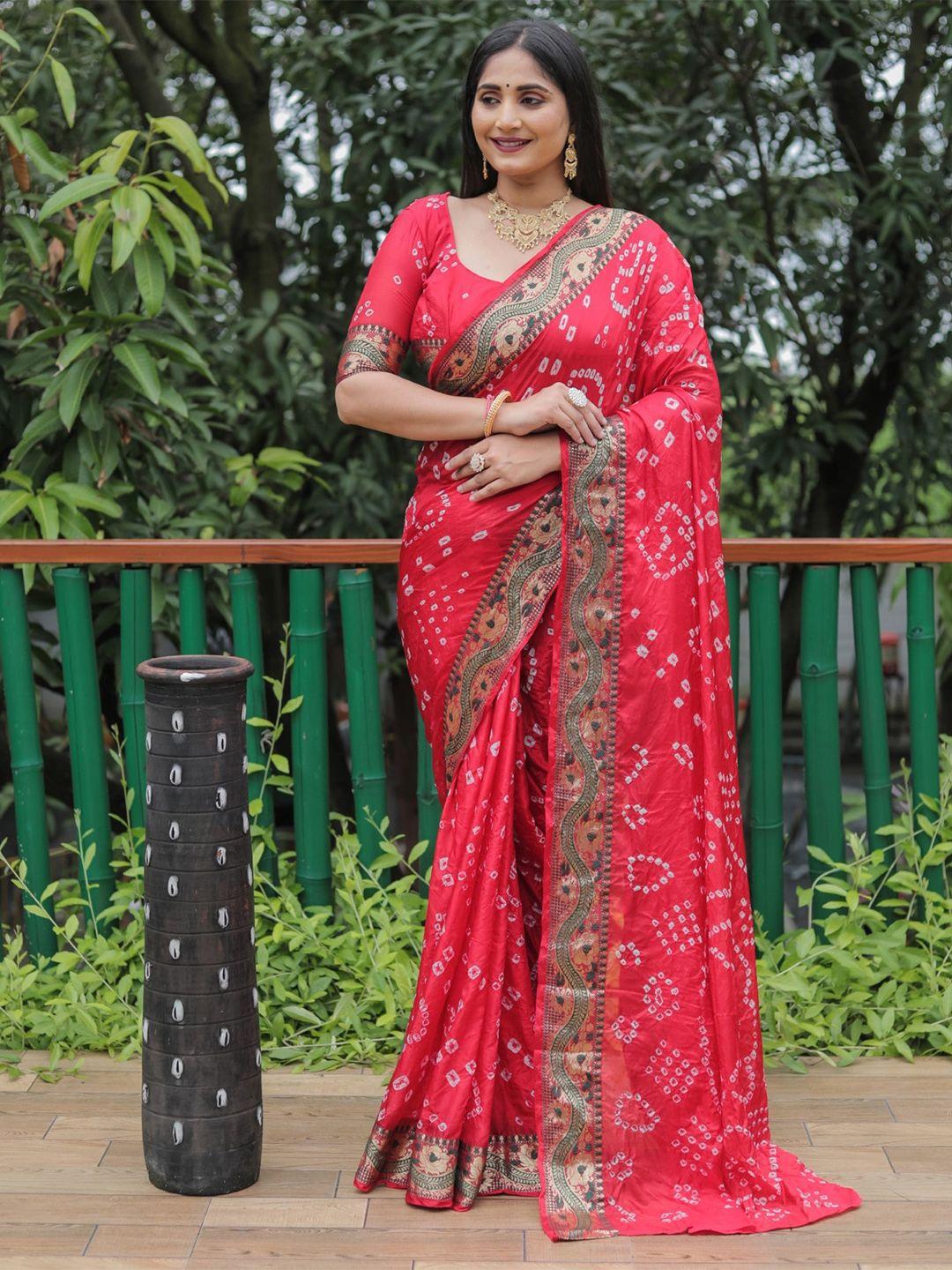 mitera red & white bandhani zari silk blend bandhani saree