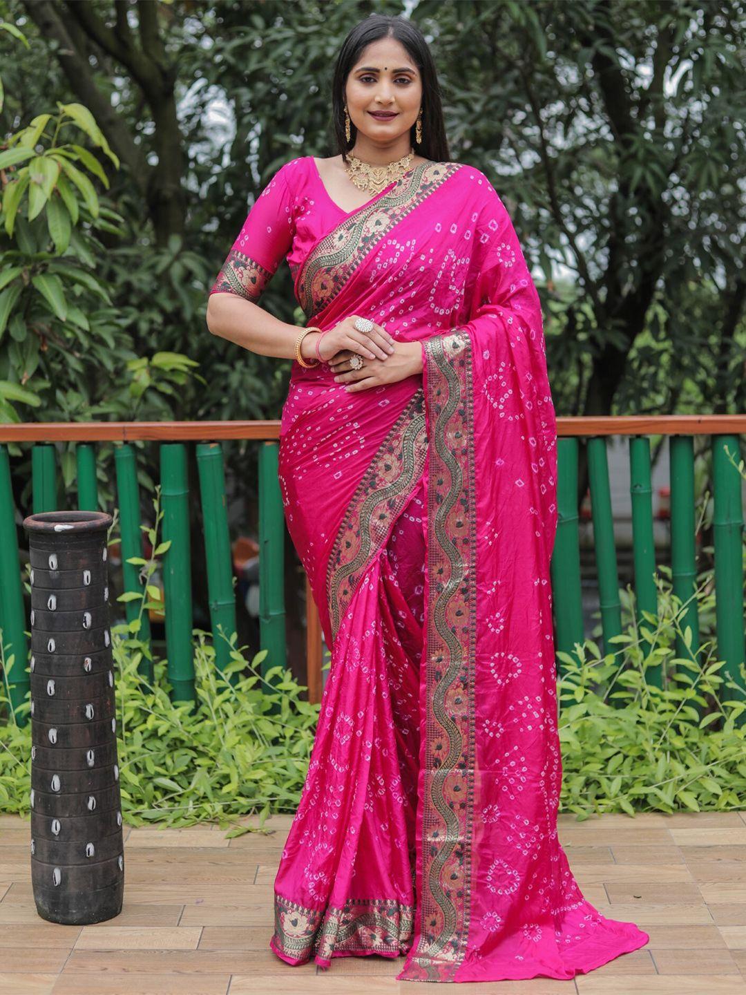 mitera pink & white bandhani zari silk blend bandhani saree