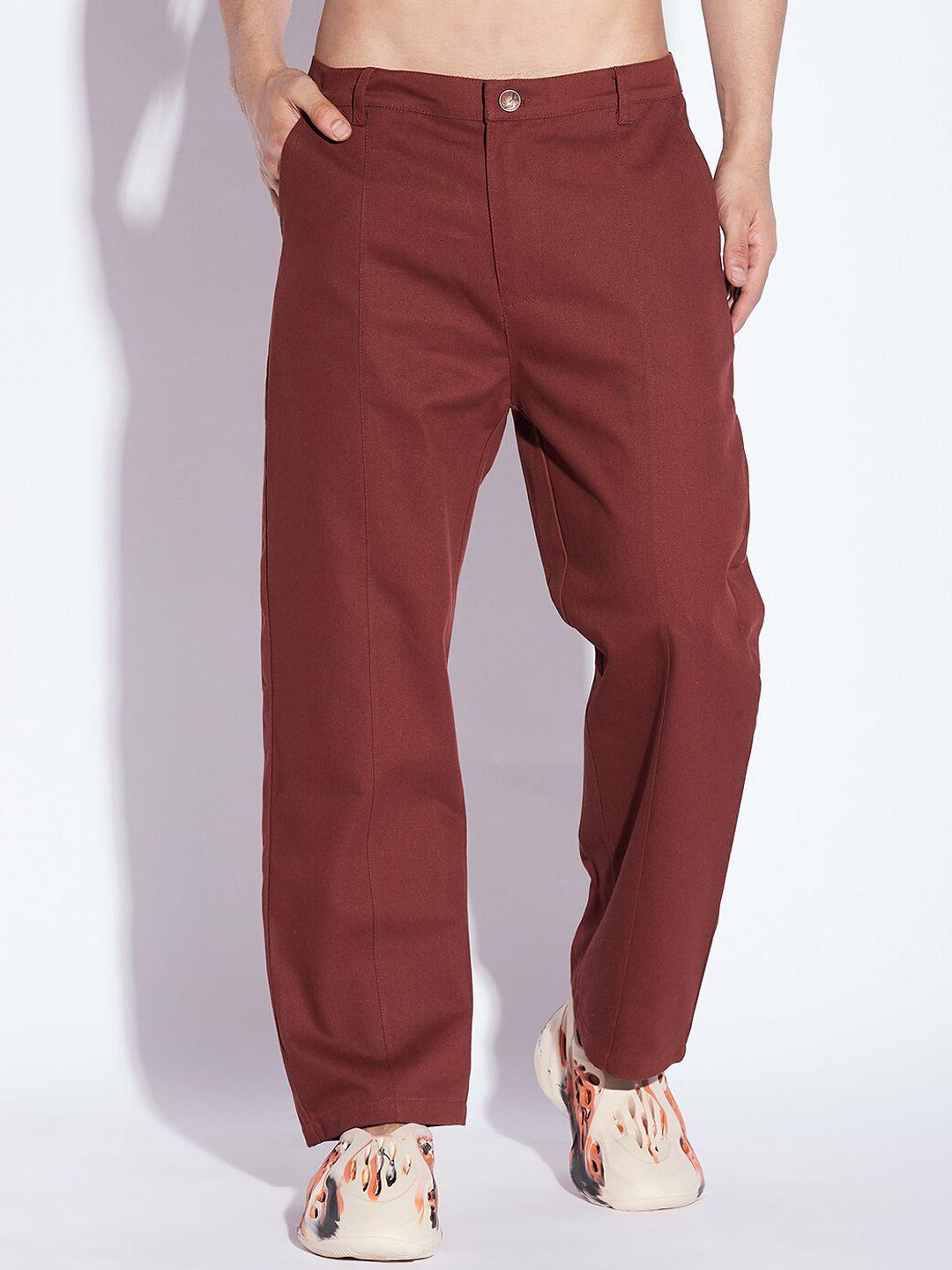 fugazee men maroon relaxed mid-rise straight fit trousers