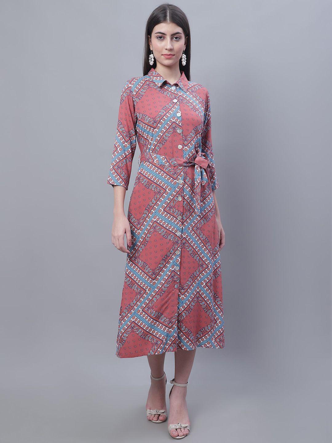 cantabil bandana printed shirt midi dress with belt