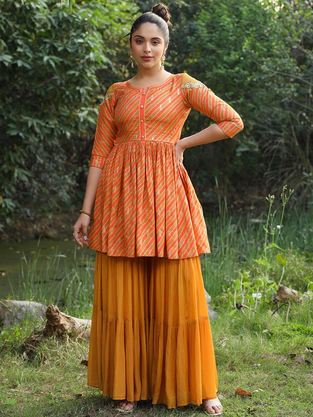 scakhi bandhani printed pleated mirror work kurti with sharara