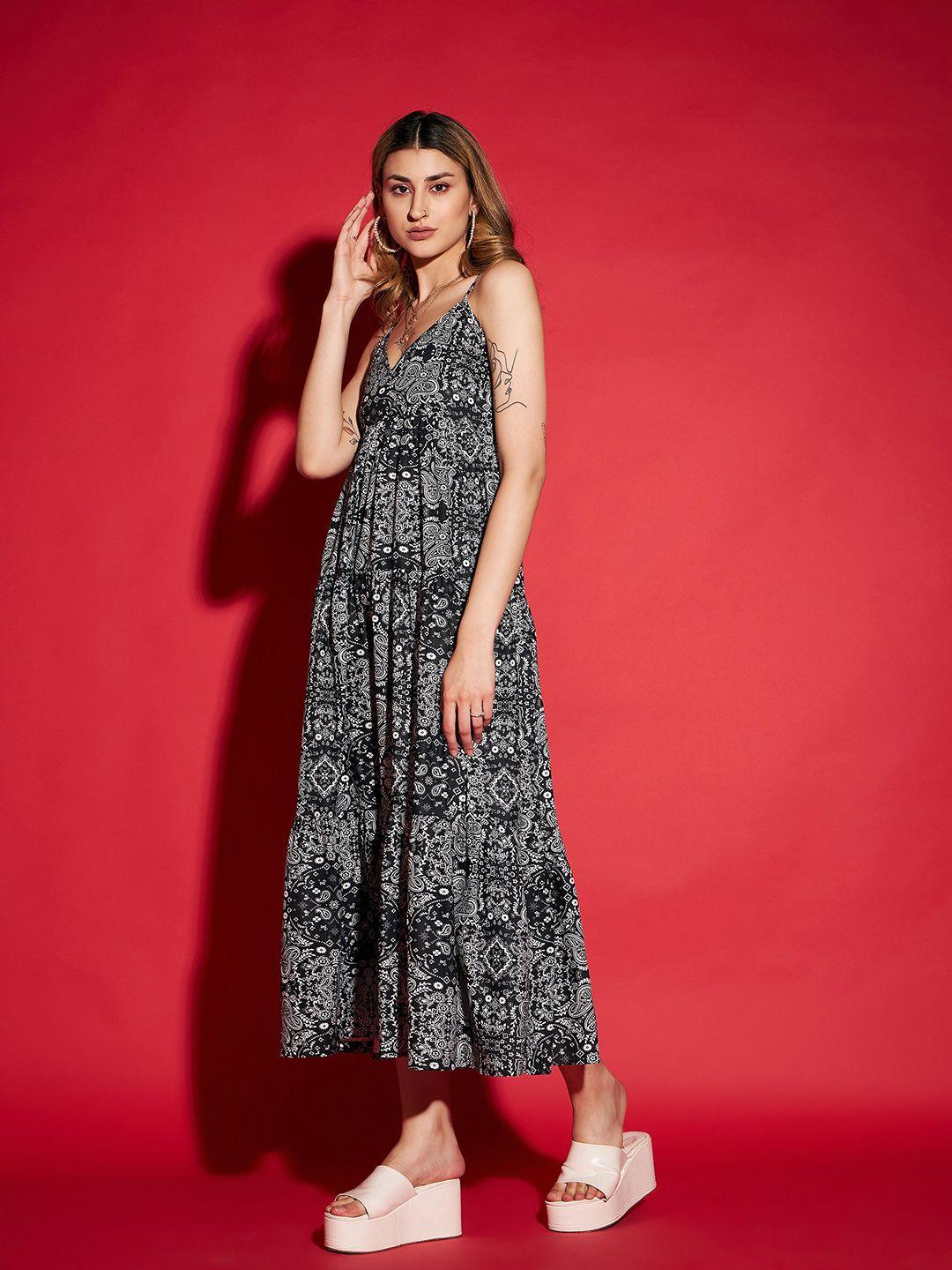 sassafras black ethnic motifs printed a-line midi dress