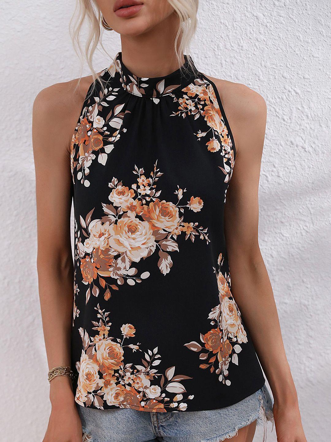 bostreet black floral print halter neck top