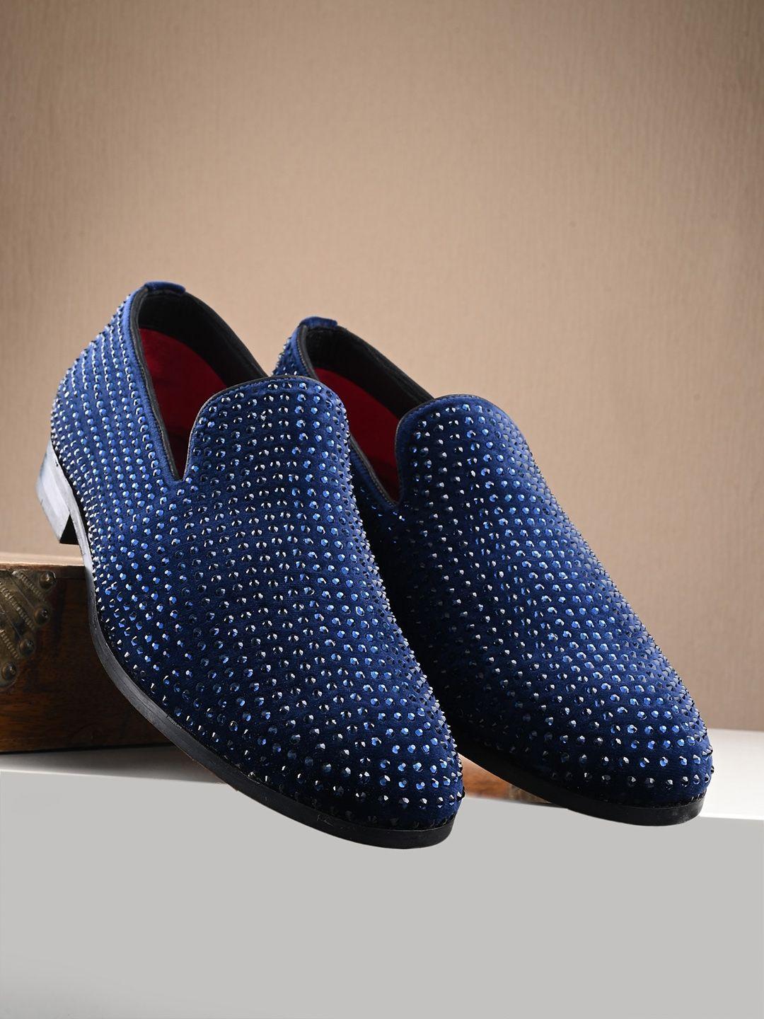 house of pataudi men studded embellished lightweight comfort insole velvet basics loafers