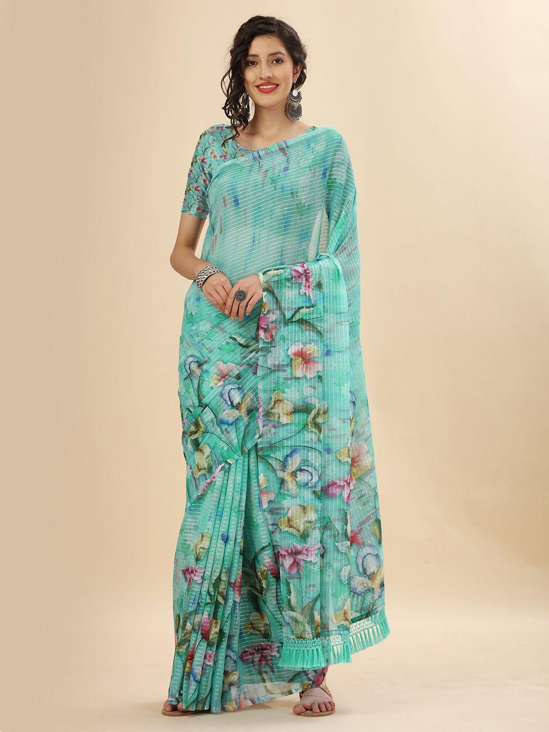 mitera teal & green floral sequinned pure georgette saree