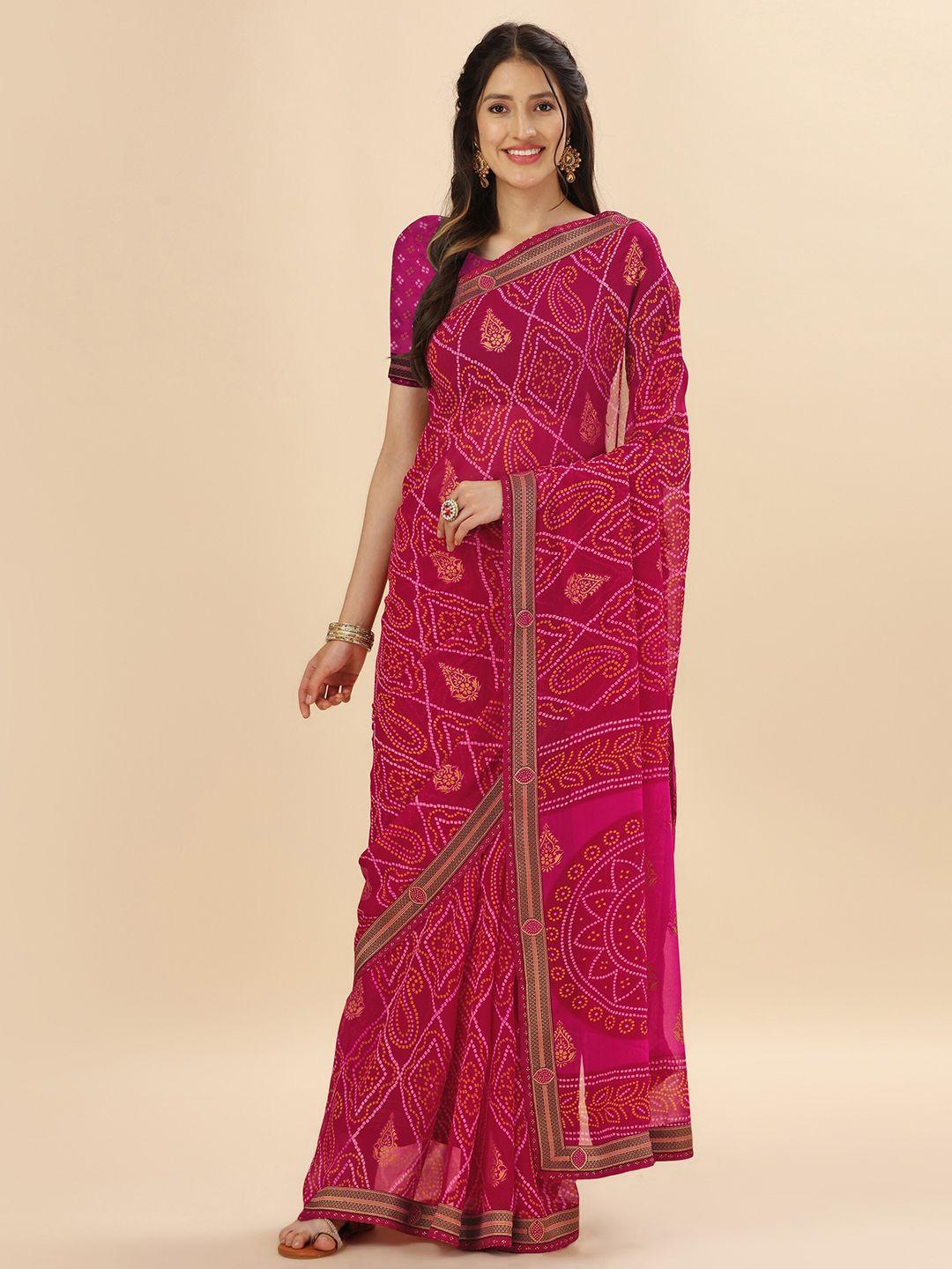 mitera pink & white bandhani beads and stones pure georgette saree