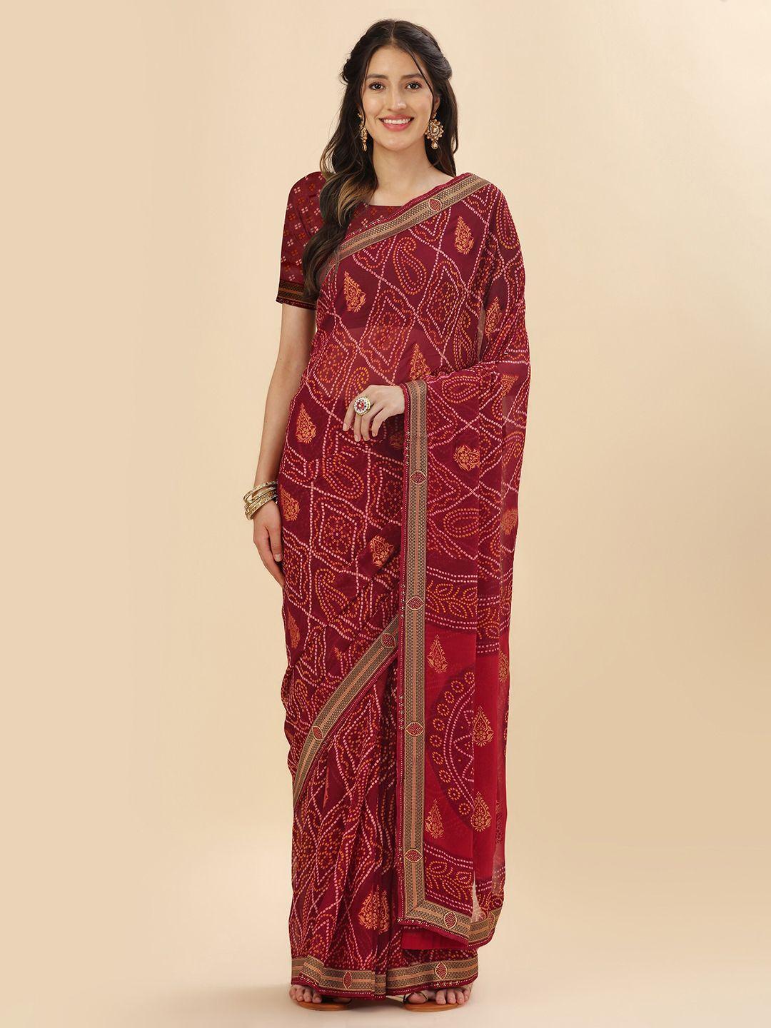 mitera maroon & white bandhani stones work pure georgette saree