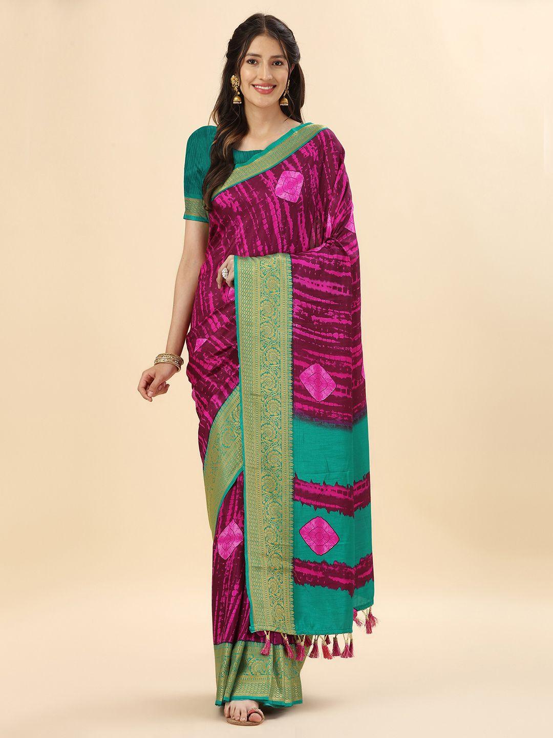 mitera magenta & green bandhani zari pure silk banarasi saree with blouse piece