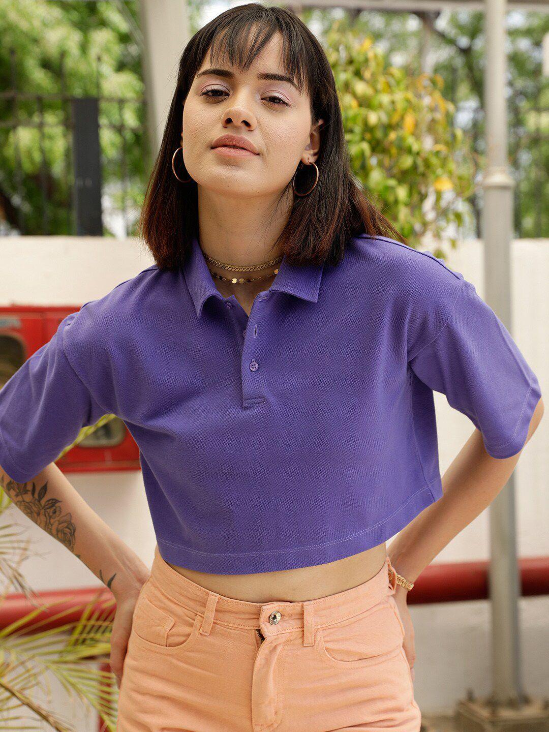 street 9 purple polo collar drop shoulder sleeves crop pure cotton oversized t-shirt