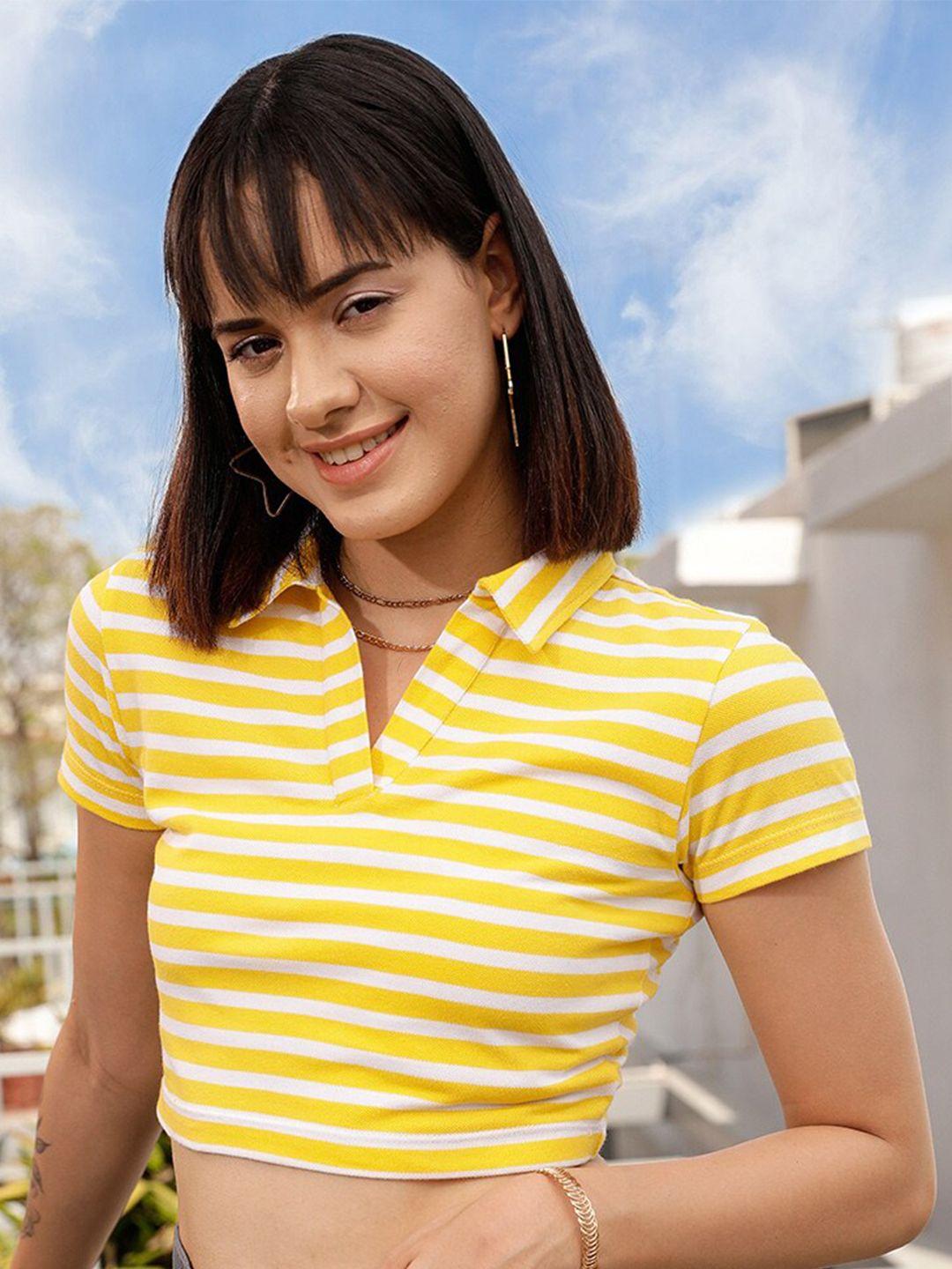 street 9 yellow & white striped polo collar crop pure cotton t-shirt